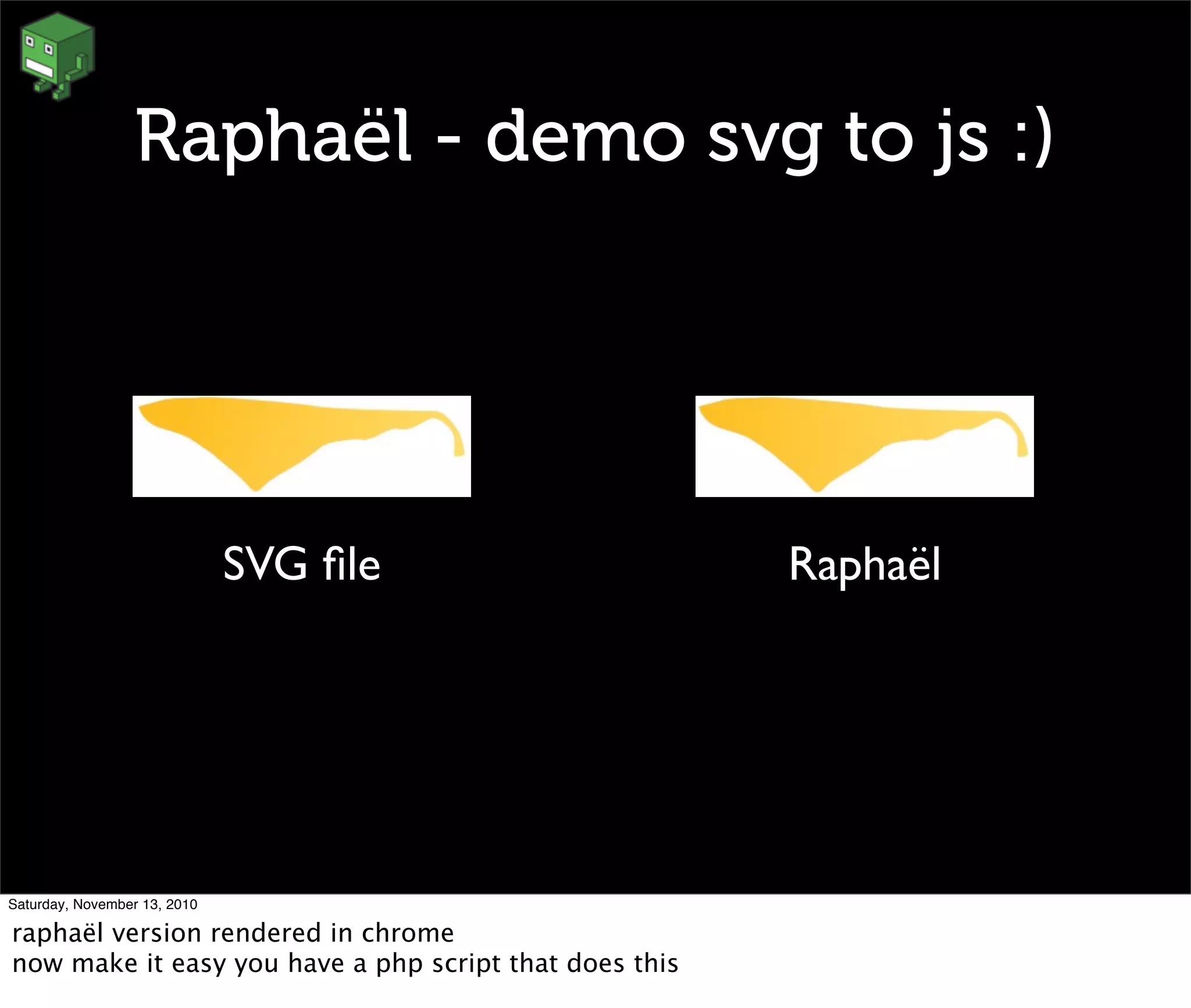 Raphaël - demo svg to js :)
SVG ﬁle Raphaël
Saturday, November 13, 2010
raphaël version rendered in chrome
now make it easy you have a php script that does this
 