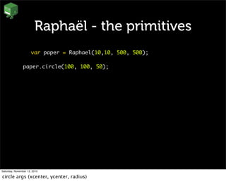 Raphaël - the primitives
var paper = Raphael(10,10, 500, 500);
paper.circle(100, 100, 50);
Saturday, November 13, 2010
circle args (xcenter, ycenter, radius)
 