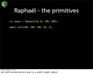 Raphaël - the primitives
var paper = Raphael(10,10, 500, 500);
paper.rect(300, 300, 100, 50, 5);
Saturday, November 13, 2010
rect with rounded corners args (x, y, width, height, radius)
 