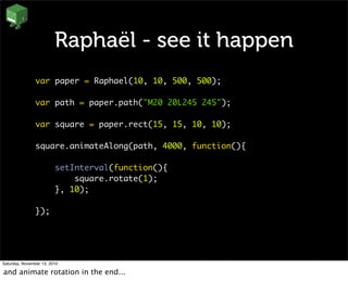 Raphaël - see it happen
var paper = Raphael(10, 10, 500, 500);
var path = paper.path("M20 20L245 245");
var square = paper.rect(15, 15, 10, 10);
square.animateAlong(path, 4000, function(){
setInterval(function(){
square.rotate(1);
}, 10);
});
Saturday, November 13, 2010
and animate rotation in the end...
 
