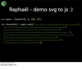 Raphaël - demo svg to js :)
var paper = Raphael(0, 0, 296, 87);
var cheesePath = paper.path("M6.767,10.197c0,0,1.997,14.082,20.844,19.404c3.484,1.108,20.097,5.415,25.104,9.688"+
"c0.44,0.134,17.162,10.868,20.787,14.432s14.347,11.632,19.921,16.735s11.465,12.482,12.739,12.85s3.293,0.924,4.941,0"+
"s4.771-4.134,6.861-6.232s10.98-7.547,13.433-8.96s10.315-5.903,13.327-7.751s17.265-11.646,21.045-15.457"+
"c3.192-1.106,6.315-2.958,8.493-3.347s25.459-4.583,27.804-1.907c3.803-0.711,9.068-2.409,10.987-3.34s6.605-3.521,6.605-3.521"+
"s7.754-3.467,10.855-3.186c3.104,0.282,6.045,1.998,14.852-1.344c8.809-3.342,14.371-9.2,19.752-7.401s17.279,10.287,15.77,21.276"+
"c0.26,2.564-1.074,11.543,0.408,11.562c1.48,0.02,8.861-0.249,8.699-2.838s-3.24-16.284-6.578-20.747"+
"c-3.336-4.463-9.035-13.457-17.533-15.738c-2.246-0.005-87.95-1.256-104.335-4.177S71.715,1.003,59.395,2.384"+
"c-3.461,0.802-22.562-0.335-32.25,2.391S6.767,10.197,6.767,10.197z");
Saturday, November 13, 2010
put your path in it
 