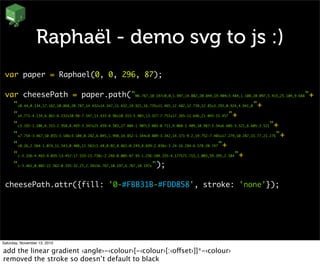 Raphaël - demo svg to js :)
var paper = Raphael(0, 0, 296, 87);
var cheesePath = paper.path("M6.767,10.197c0,0,1.997,14.082,20.844,19.404c3.484,1.108,20.097,5.415,25.104,9.688"+
"c0.44,0.134,17.162,10.868,20.787,14.432s14.347,11.632,19.921,16.735s11.465,12.482,12.739,12.85s3.293,0.924,4.941,0"+
"s4.771-4.134,6.861-6.232s10.98-7.547,13.433-8.96s10.315-5.903,13.327-7.751s17.265-11.646,21.045-15.457"+
"c3.192-1.106,6.315-2.958,8.493-3.347s25.459-4.583,27.804-1.907c3.803-0.711,9.068-2.409,10.987-3.34s6.605-3.521,6.605-3.521"+
"s7.754-3.467,10.855-3.186c3.104,0.282,6.045,1.998,14.852-1.344c8.809-3.342,14.371-9.2,19.752-7.401s17.279,10.287,15.77,21.276"+
"c0.26,2.564-1.074,11.543,0.408,11.562c1.48,0.02,8.861-0.249,8.699-2.838s-3.24-16.284-6.578-20.747"+
"c-3.336-4.463-9.035-13.457-17.533-15.738c-2.246-0.005-87.95-1.256-104.335-4.177S71.715,1.003,59.395,2.384"+
"c-3.461,0.802-22.562-0.335-32.25,2.391S6.767,10.197,6.767,10.197z");
cheesePath.attr({fill: '0-#FBB31B-#FDD858', stroke: 'none'});
Saturday, November 13, 2010
add the linear gradient ‹angle›-‹colour›[-‹colour›[:‹offset›]]*-‹colour›
removed the stroke so doesn’t default to black
 