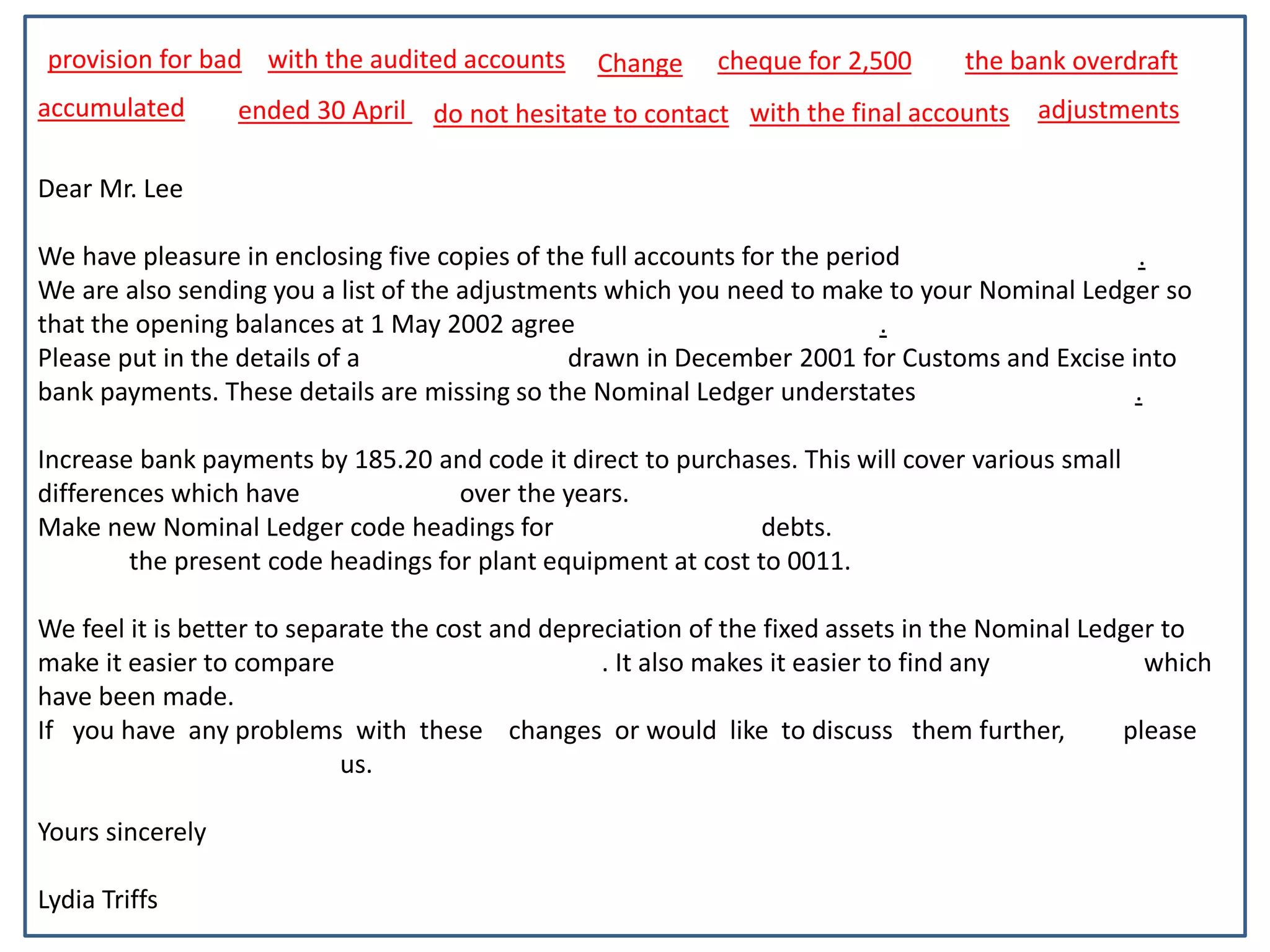 provision for bad Change 
Dear Mr. Lee 
with the audited accounts cheque for 2,500 the bank overdraft 
We have pleasure in enclosing five copies of the full accounts for the period ended 30 April 2002. 
We are also sending you a list of the adjustments which you need to make to your Nominal Ledger so 
that the opening balances at 1 May 2002 agree with the audited accounts. 
Please put in the details of a cheque for 2,500 drawn in December 2001 for Customs and Excise into 
bank payments. These details are missing so the Nominal Ledger understates the bank overdraft. 
Increase bank payments by 185.20 and code it direct to purchases. This will cover various small 
differences which have accumulated over the years. 
Make new Nominal Ledger code headings for provision for bad debts. 
Change the present code headings for plant equipment at cost to 0011. 
We feel it is better to separate the cost and depreciation of the fixed assets in the Nominal Ledger to 
make it easier to compare with the final accounts. It also makes it easier to find any adjustments which 
have been made. 
If you have any problems with these changes or would like to discuss them further, please 
do not hesitate to contact us. 
Yours sincerely 
Lydia Triffs 
ended 30 April 
accumulated 
do not hesitate to contact with the final accounts adjustments 
 