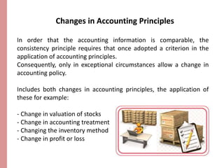 Changes in Accounting Principles 
In order that the accounting information is comparable, the 
consistency principle requires that once adopted a criterion in the 
application of accounting principles. 
Consequently, only in exceptional circumstances allow a change in 
accounting policy. 
Includes both changes in accounting principles, the application of 
these for example: 
- Change in valuation of stocks 
- Change in accounting treatment 
- Changing the inventory method 
- Change in profit or loss 
 