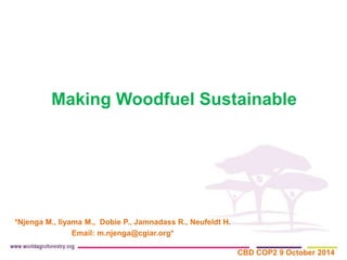Making Woodfuel Sustainable 
*Njenga M., Iiyama M., Dobie P., Jamnadass R., Neufeldt H. 
Email: m.njenga@cgiar.org* 
CBD COP2 9 October 2014 
 