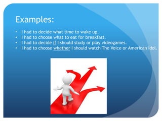 Examples:
• I had to decide what time to wake up.
• I had to choose what to eat for breakfast.
• I had to decide if I should study or play videogames.
• I had to choose whether I should watch The Voice or American Idol.
 