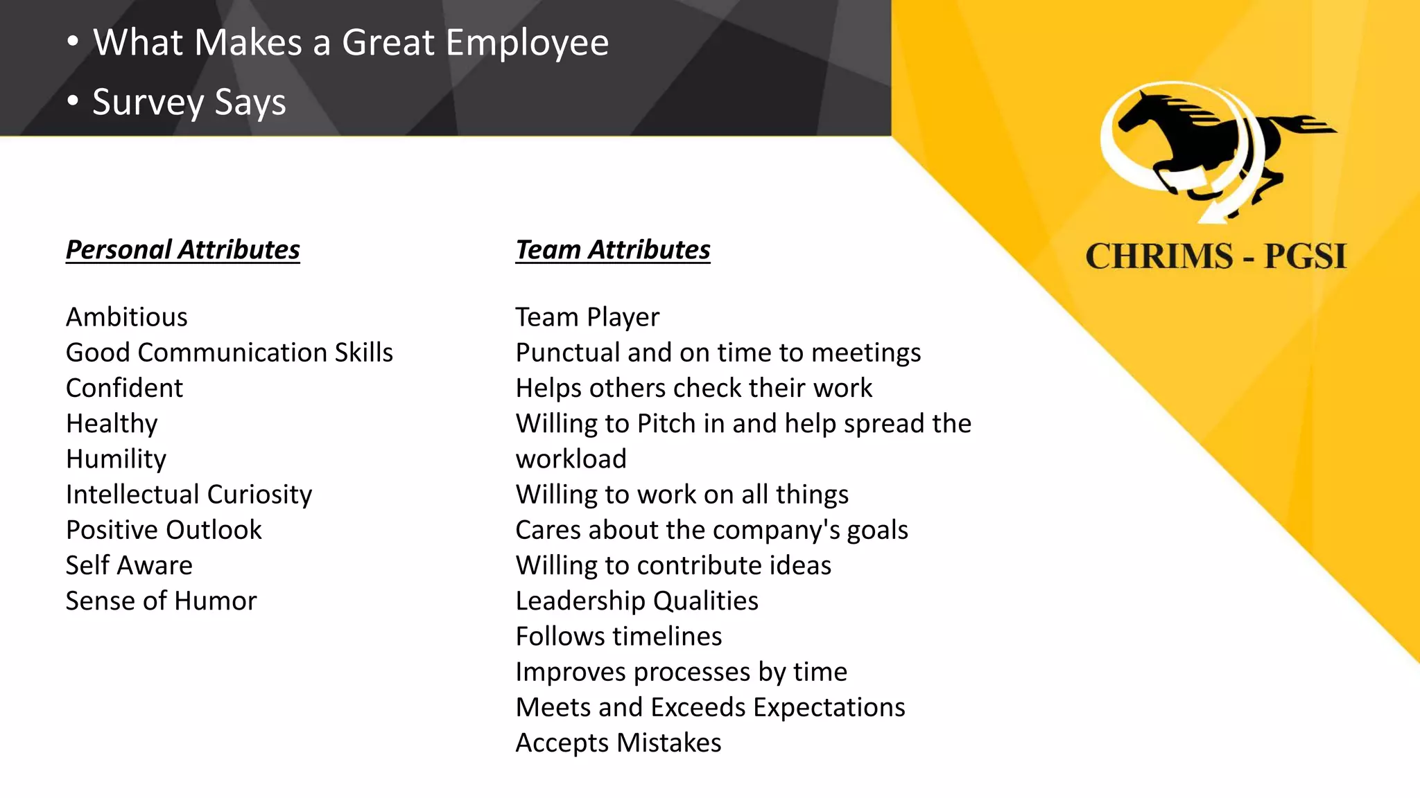 • What Makes a Great Employee
• Survey Says
Personal Attributes
Ambitious
Good Communication Skills
Confident
Healthy
Humility
Intellectual Curiosity
Positive Outlook
Self Aware
Sense of Humor
Team Attributes
Team Player
Punctual and on time to meetings
Helps others check their work
Willing to Pitch in and help spread the
workload
Willing to work on all things
Cares about the company's goals
Willing to contribute ideas
Leadership Qualities
Follows timelines
Improves processes by time
Meets and Exceeds Expectations
Accepts Mistakes
 