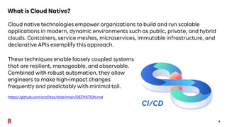 4
What is Cloud Native?
Cloud native technologies empower organizations to build and run scalable
applications in modern, ...