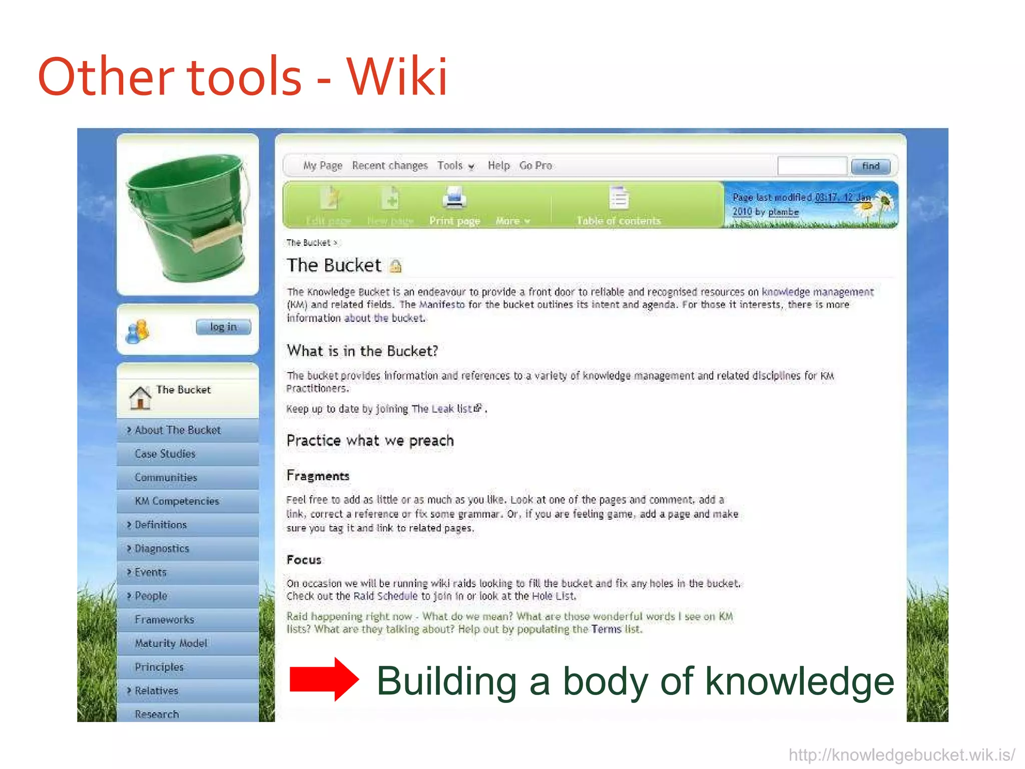Other tools - Wiki http://knowledgebucket.wik.is/ Building a body of knowledge 