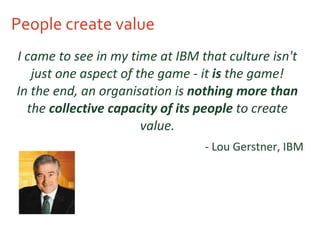People create value I came to see in my time at IBM that culture isn't just one aspect of the game - it  is  the game! In the end, an organisation is  nothing more than  the  collective capacity of its people  to create value. - Lou Gerstner, IBM 