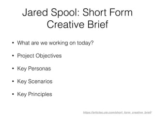 Jared Spool: Short Form
Creative Brief
• What are we working on today?
• Project Objectives
• Key Personas
• Key Scenarios...