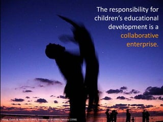 The responsibility for
                                                                   children’s educational
                                                                        development is a
                                                                            collaborative
                                                                               enterprise.




Wang, Oates & Weishew (1997), Smrekar et al (2001), Moore (1998)
 