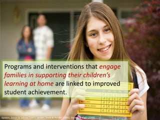 Programs and interventions that engage
  families in supporting their children’s
  learning at home are linked to improved
  student achievement.


Epstein, Simon & Salinas (1997), Jordan, Snow & Porche (2000), Starkey & Klein (2000)
 