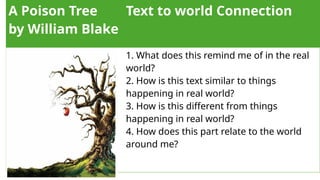 A Poison Tree
by William Blake
Text to world Connection
1. What does this remind me of in the real
world?
2. How is this text similar to things
happening in real world?
3. How is this different from things
happening in real world?
4. How does this part relate to the world
around me?
 
