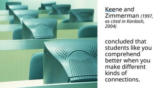 Keene and
Zimmerman (1997,
as cited in Kardash,
2004)
concluded that
students like you
comprehend
better when you
make different
kinds of
connections.
 