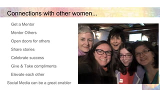 Connections with other women...
Get a Mentor
Mentor Others
Open doors for others
Share stories
Celebrate success
Give & Ta...