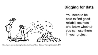 Digging for data
https://open-science-training-handbook.github.io/Open-Science-Training-Handbook_EN/
You need to be
able to find good
reliable sources
and know whether
you can use them
in your project.
 