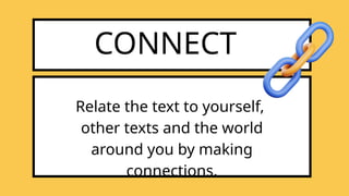 CONNECT
Relate the text to yourself,
other texts and the world
around you by making
connections.
 