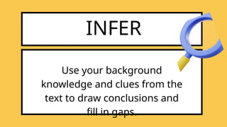 INFER
Use your background
knowledge and clues from the
text to draw conclusions and
fill in gaps.
 