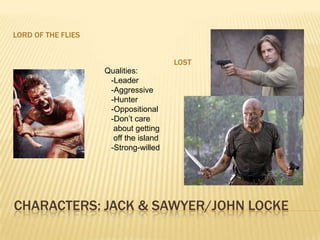 Characters: Jack & Sawyer/John LockeLord of the fliesLOstQualities:  -Leader  -Aggressive  -Hunter  -Oppositional  -Don’t care    about getting    off the island  -Strong-willed 