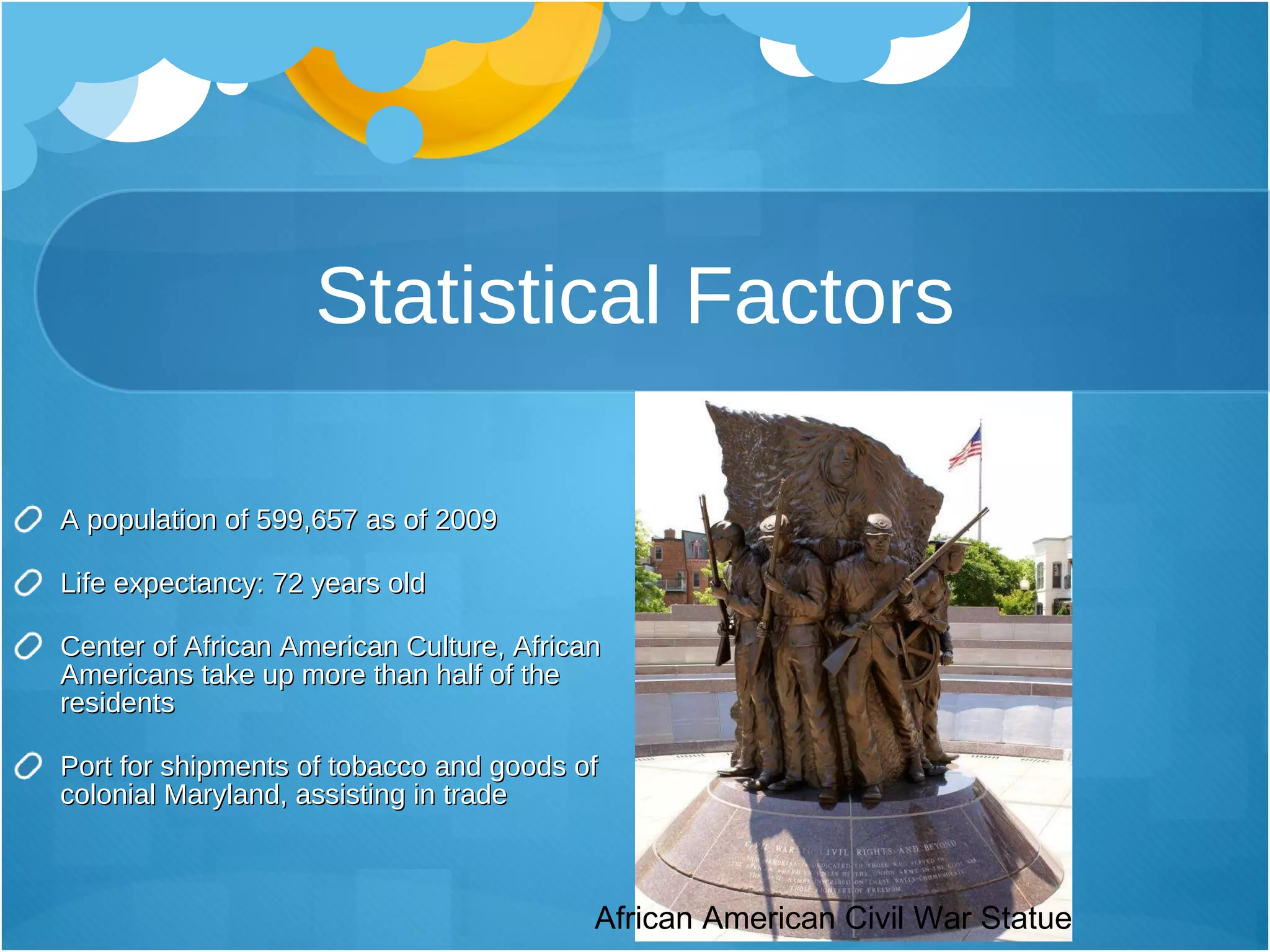 Statistical Factors A population of 599,657 as of 2009 Life expectancy: 72 years old Center of African American Culture, African Americans take up more than half of the residents Port for shipments of tobacco and goods of colonial Maryland, assisting in trade African American Civil War Statue 
