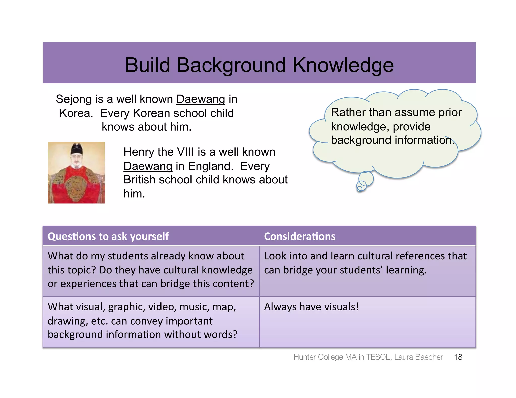 Build Background Knowledge
  Sejong is a well known Daewang in
  Korea. Every Korean school child                                                   Rather than assume prior
           knows about him.                                                          knowledge, provide
                                                                                     background information.
                       Henry the VIII is a well known
                       Daewang in England. Every
                       British school child knows about
                       him.


Ques%ons	
  to	
  ask	
  yourself	
                              Considera%ons	
  
What	
  do	
  my	
  students	
  already	
  know	
  about	
   Look	
  into	
  and	
  learn	
  cultural	
  references	
  that	
  
this	
  topic?	
  Do	
  they	
  have	
  cultural	
  knowledge	
   can	
  bridge	
  your	
  students’	
  learning.	
  
or	
  experiences	
  that	
  can	
  bridge	
  this	
  content?	
  

What	
  visual,	
  graphic,	
  video,	
  music,	
  map,	
        Always	
  have	
  visuals!	
  
drawing,	
  etc.	
  can	
  convey	
  important	
  
background	
  informa3on	
  without	
  words?	
  
                                                                          Hunter College MA in TESOL, Laura Baecher
      18
 