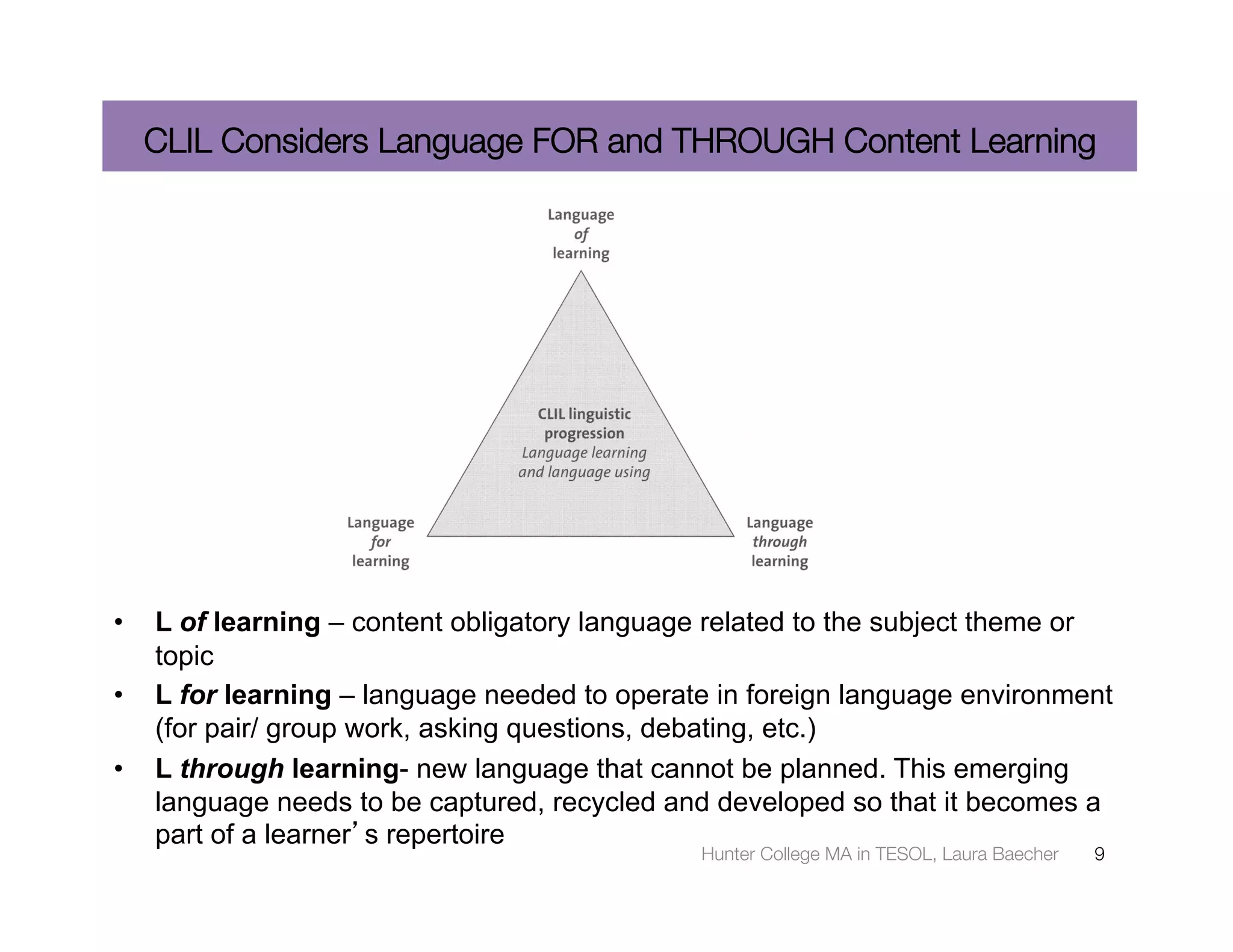 CLIL Considers Language FOR and THROUGH Content Learning




•  L of learning – content obligatory language related to the subject theme or
   topic
•  L for learning – language needed to operate in foreign language environment
   (for pair/ group work, asking questions, debating, etc.)
•  L through learning- new language that cannot be planned. This emerging
   language needs to be captured, recycled and developed so that it becomes a
   part of a learner’s repertoire
                                             Hunter College MA in TESOL, Laura Baecher
   9
 