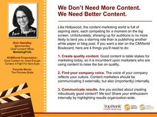 Ann Handley
Ann Handley
@annhandley
Chief Content Officer
MarketingProfs
#CMWorld Presentation:
Good Content Vs. Good Enou...