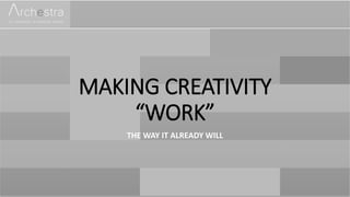 MAKING CREATIVITY
“WORK”
THE WAY IT ALREADY WILL
 