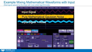 Example Mixing Mathematical Waveforms with Input
(Real signal captured by the scope with noise added algorithmically)
Pure Mathematical Gaussian Noise
Input Signal
Input Signal + Noise
 