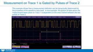 Measurement on Trace 1 is Gated by Pulses of Trace 2
This example shows how a measurement definition can be dynamically determined by
the properties of the waveform data itself. In this example, the portion of data where the
measurement takes place on Trace 1 is dependent on the area marked between the two
pulses of Trace 2.
 