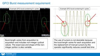 GFCI Burst measurement requirement
The use of cursors is not desirable because
the burst length varies for each acquisition and
the replacement of manual cursors by the
operator significantly reduces overall test time
Burst length varies from acquisition to
acquisition and includes non-integer cyclical
values. The exact size and shape of the non-
integer portion is also variable.
Example GFCI burst containing 6+ cyclesExample GFCI burst containing 5+ cycles
 
