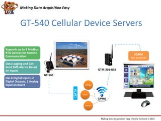 WF-2000 Series
Making Data Acquisition Easy
GT-540 Cellular Device Servers
Making Data Acquisition Easy | Maria Lemone | 2015
Voltage
Temp.
Current
DATA
SCADA
IND-15520-NT
GT-540
GTM-201-USB
Supports up to 3 Modbus
RTU Devices for Remote
Communication
Data Logging and Can
Send SMS Alarms Based
on Inputs
Has 6 Digital Inputs, 2
Digital Outputs, 1 Analog
Input on Board
 