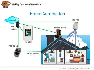 Home Automation
Making Data Acquisition Easy
PoE
switch
PET-7018
Temp. sensor
Internet tDS-715
Power meter
Making Data Acquisition Easy | Maria Lemone | 2015
TPD-283
 