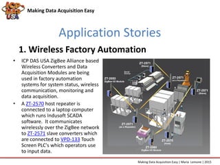 Application Stories
Making Data Acquisition Easy
• ICP DAS USA ZigBee Alliance based
Wireless Converters and Data
Acquisition Modules are being
used in factory automation
systems for system status, wireless
communication, monitoring and
data acquisition.
• A ZT-2570 host repeater is
connected to a laptop computer
which runs Indusoft SCADA
software. It communicates
wirelessly over the ZigBee network
to ZT-2571 slave converters which
are connected to VPD-133 Touch
Screen PLC's which operators use
to input data.
1. Wireless Factory Automation
Making Data Acquisition Easy | Maria Lemone | 2015
 