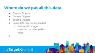 Where do we put all this data
● Custom Objects
● Contact Objects
● Existing Objects
● Some data may not be needed
○ Just used to trigger
checkbox, or other picklist
value
●
 