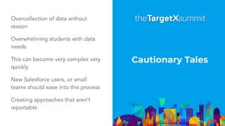 Cautionary Tales
Overcollection of data without
reason
Overwhelming students with data
needs
This can become very complex very
quickly
New Salesforce users, or small
teams should ease into this process
Creating approaches that aren’t
reportable
 