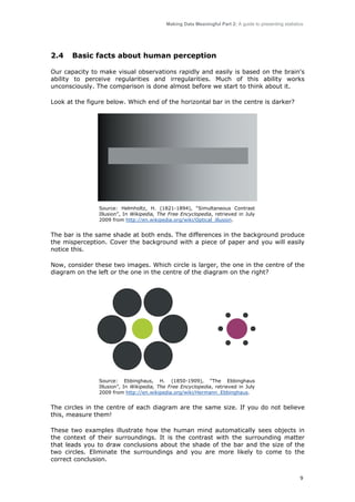 Making Data Meaningful Part 2: A guide to presenting statistics

2.4

Basic facts about human perception

Our capacity to make visual observations rapidly and easily is based on the brain's
ability to perceive regularities and irregularities. Much of this ability works
unconsciously. The comparison is done almost before we start to think about it.
Look at the figure below. Which end of the horizontal bar in the centre is darker?

Source: Helmholtz, H. (1821-1894), “Simultaneous Contrast
Illusion”, In Wikipedia, The Free Encyclopedia, retrieved in July
2009 from http://en.wikipedia.org/wiki/Optical_illusion.

The bar is the same shade at both ends. The differences in the background produce
the misperception. Cover the background with a piece of paper and you will easily
notice this.
Now, consider these two images. Which circle is larger, the one in the centre of the
diagram on the left or the one in the centre of the diagram on the right?

Source: Ebbinghaus, H. (1850-1909), “The Ebbinghaus
Illusion”, In Wikipedia, The Free Encyclopedia, retrieved in July
2009 from http://en.wikipedia.org/wiki/Hermann_Ebbinghaus.

The circles in the centre of each diagram are the same size. If you do not believe
this, measure them!
These two examples illustrate how the human mind automatically sees objects in
the context of their surroundings. It is the contrast with the surrounding matter
that leads you to draw conclusions about the shade of the bar and the size of the
two circles. Eliminate the surroundings and you are more likely to come to the
correct conclusion.
9

 