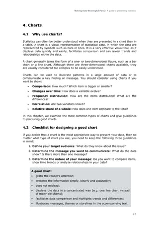 Making Data Meaningful Part 2: A guide to presenting statistics

4. Charts
4.1

Why use charts?

Statistics can often be better understood when they are presented in a chart than in
a table. A chart is a visual representation of statistical data, in which the data are
represented by symbols such as bars or lines. It is a very effective visual tool, as it
displays data quickly and easily, facilitates comparison and can reveal trends and
relationships within the data.
A chart generally takes the form of a one- or two-dimensional figure, such as a bar
chart or a line chart. Although there are three-dimensional charts available, they
are usually considered too complex to be easily understood.
Charts can be used to illustrate patterns in a large amount of data or to
communicate a key finding or message. You should consider using charts if you
want to show:
•

Comparison: How much? Which item is bigger or smaller?

•

Changes over time: How does a variable evolve?

•

Frequency distribution: How are the items distributed? What are the
differences?

•

Correlation: Are two variables linked?

•

Relative share of a whole: How does one item compare to the total?

In this chapter, we examine the most common types of charts and give guidelines
to producing good charts.

4.2

Checklist for designing a good chart

If you decide that a chart is the most appropriate way to present your data, then no
matter what type of chart you use, you need to keep the following three guidelines
in mind:
1. Define your target audience: What do they know about the issue?
2. Determine the message you want to communicate: What do the data
show? Is there more than one message?
3. Determine the nature of your message: Do you want to compare items,
show time trends or analyze relationships in your data?
A good chart:
•

grabs the reader’s attention;

•

presents the information simply, clearly and accurately;

•

does not mislead;

•

displays the data in a concentrated way (e.g. one line chart instead
of many pie charts);

•

facilitates data comparison and highlights trends and differences;

•

illustrates messages, themes or storylines in the accompanying text.

17

 