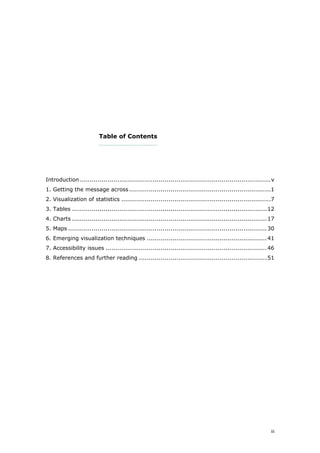 Table of Contents
………………………………

Introduction .................................................................................................v
1. Getting the message across ........................................................................1
2. Visualization of statistics ............................................................................7
3. Tables ...................................................................................................12
4. Charts ...................................................................................................17
5. Maps .....................................................................................................30
6. Emerging visualization techniques .............................................................41
7. Accessibility issues ..................................................................................46
8. References and further reading .................................................................51

iii

 