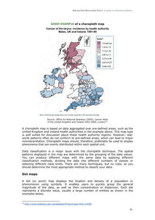 Making Data Meaningful Part 2: A guide to presenting statistics

GOOD EXAMPLE of a choropleth map
Cancer of the larynx: incidence by health authority
Males, UK and Ireland, 1991-99

Source: Office for National Statistics (2005), Cancer Atlas
of the United Kingdom and Ireland 1991-2000, London16.

A choropleth map is based on data aggregated over pre-defined areas, such as the
United Kingdom and Ireland health authorities in the example above. This map type
is well suited for discussion about these health authority regions. However, realworld patterns often do not conform to pre-defined areas, which can lead to major
misinterpretation. Choropleth maps should, therefore, preferably be used to display
phenomena that are evenly distributed within each spatial unit.
Data classification is a major issue with the choropleth technique. The spatial
patterns displayed in the map are determined by the grouping of the data values.
You can produce different maps with the same data by applying different
classification methods, dividing the data into different numbers of classes or
selecting different class limits. There are many techniques, but no rules, so you
should determine the most appropriate method to classify your data.

Dot maps
A dot (or point) map displays the location and density of a population or
phenomenon using symbols. It enables users to quickly grasp the general
magnitude of the data, as well as their concentration or dispersion. Each dot
represents a discrete value, usually a large number of entities as shown in the
examples below.

16

http://www.statistics.gov.uk/statbase/Product.asp?vlnk=14059
35

 
