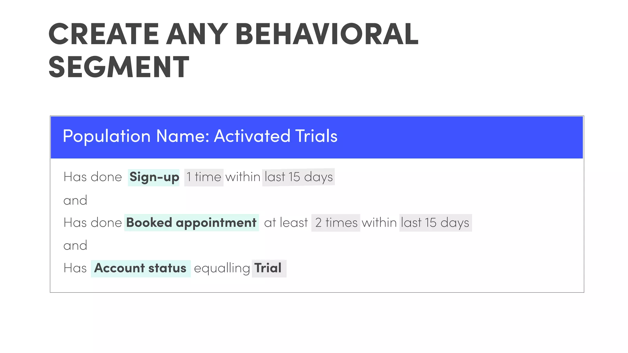 Population Name: Activated Trials
CREATE ANY BEHAVIORAL
SEGMENT
Has done Sign-up 1 time within last 15 days
and
Has done Booked appointment at least 2 times within last 15 days
and
Has Account status equalling Trial
 