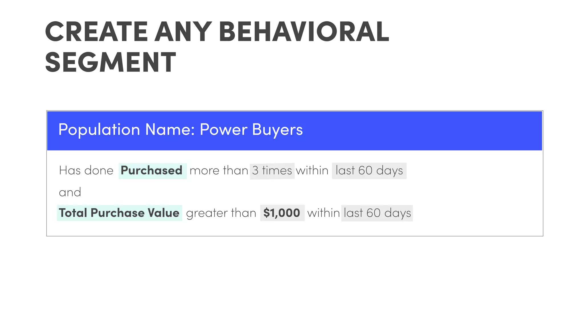 Population Name: Power Buyers
Has done Purchased more than 3 times within last 60 days
and
Total Purchase Value greater than $1,000 within last 60 days
CREATE ANY BEHAVIORAL
SEGMENT
 