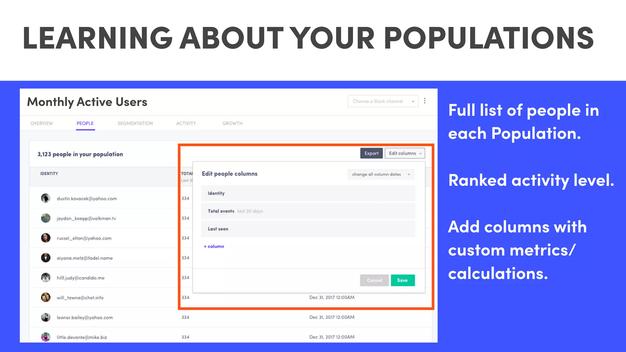 Full list of people in
each Population.
Ranked activity level.
Add columns with
custom metrics/
calculations.
LEARNING ABOUT YOUR POPULATIONS
Activated trialsMonthly Active Users
 
