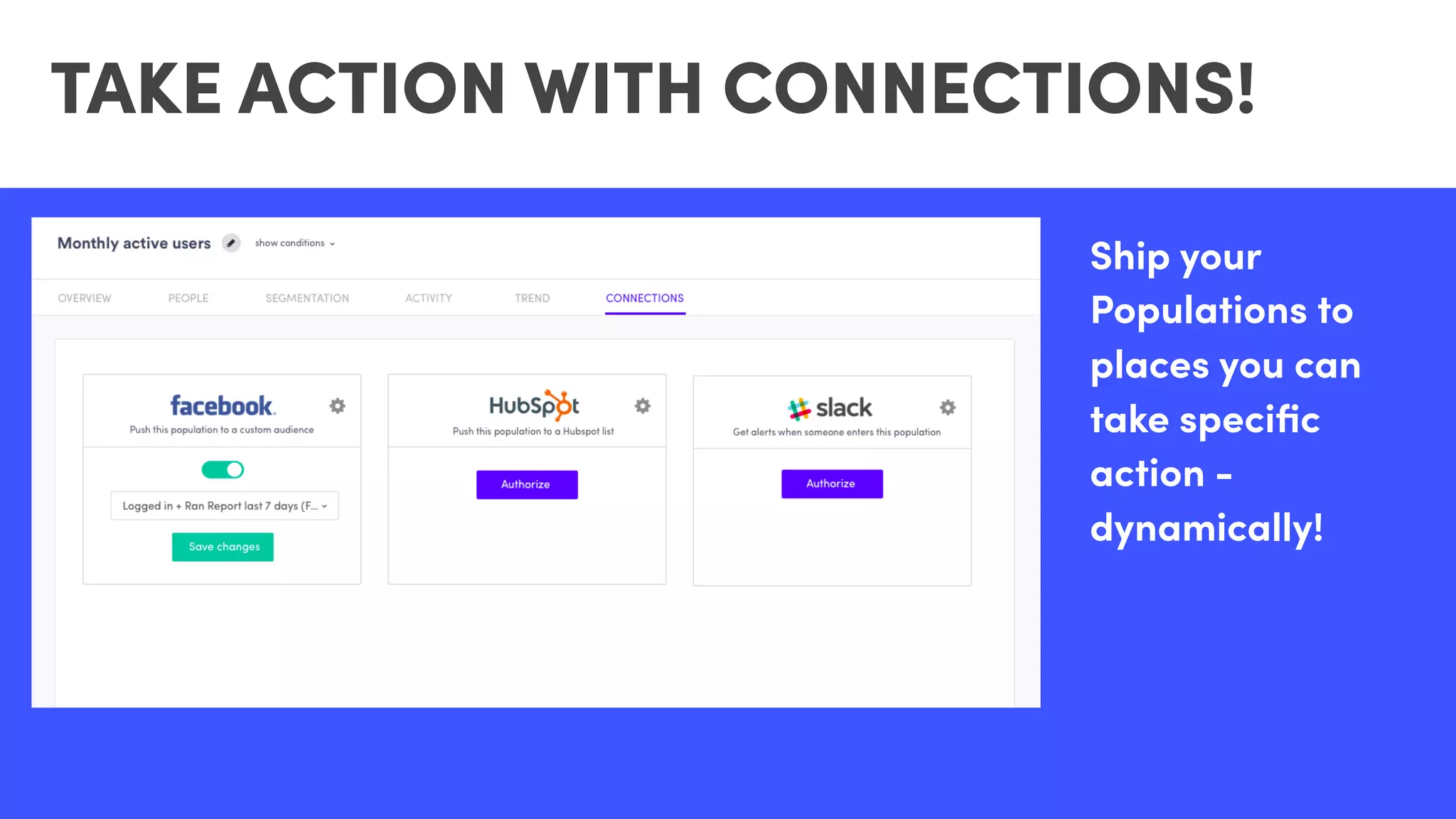 Ship your
Populations to
places you can
take speciﬁc
action -
dynamically!
TAKE ACTION WITH CONNECTIONS!
 