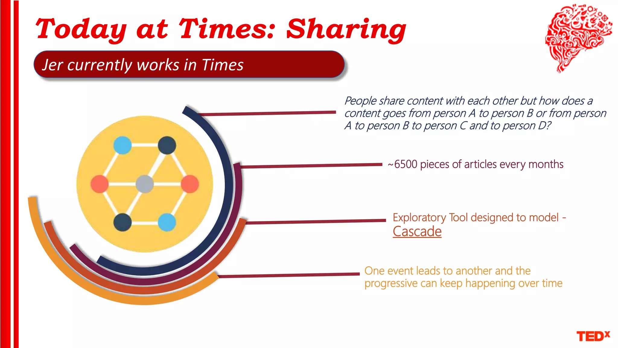 Today at Times: Sharing
People share content with each other but how does a
content goes from person A to person B or from person
A to person B to person C and to person D?
One event leads to another and the
progressive can keep happening over time
Exploratory Tool designed to model -
Cascade
~6500 pieces of articles every months
Jer currently works in Times
 
