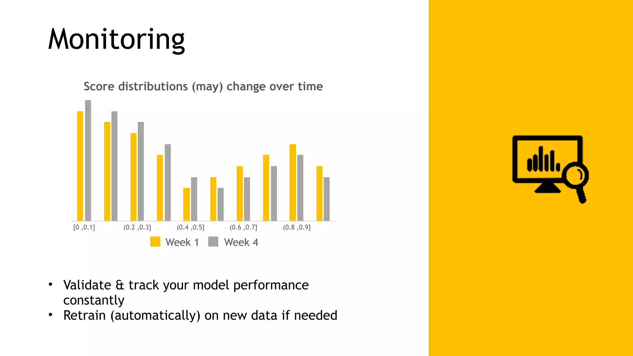 Monitoring Score distributions (may) change over time [0 ,0.1] (0.2 ,0.3] (0.4 ,0.5] (0.6 ,0.7] (0.8 ,0.9] Week 1 Week 4 • Validate & track your model performance constantly • Retrain (automatically) on new data if needed 