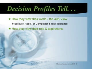 Decision Profiles Tell. . .
★ How they view their world - the 40K View
  ★ Believer, Rebel, or Competitor & Risk Tolerance

★ How they view their role & aspirations




                                        © Business Success Center, 2009   5
 