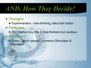 AND, How They Decide!
★ Changers
  ★ Experimenters - free-thinking, take bold action
★ Perfecters
  ★ Try it before buy into it, free-thinkers but cautious
★ Performers
  ★ Doers, “go to people” - combine Stimulator &
   Processor




                                                       7
 