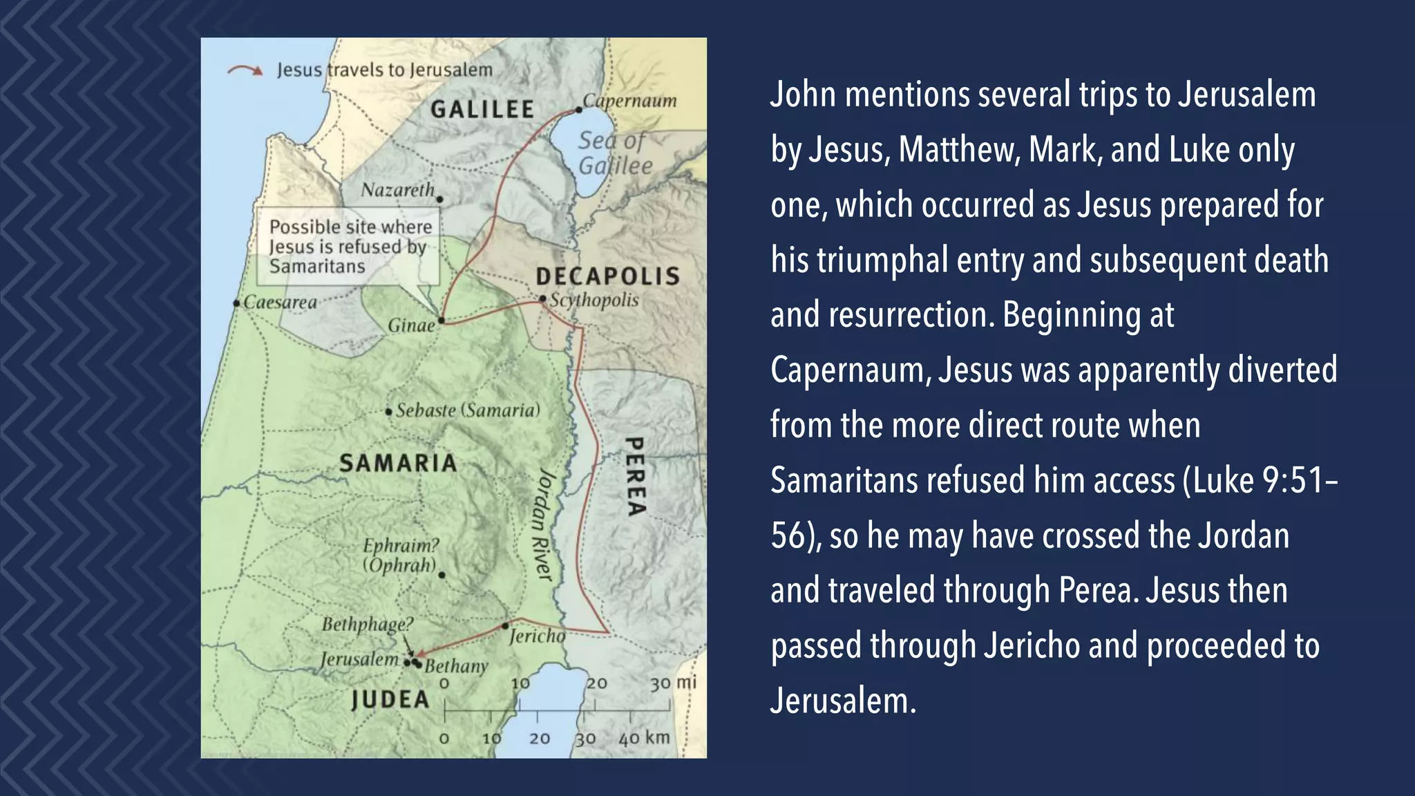 John mentions several trips to Jerusalem
by Jesus, Matthew, Mark, and Luke only
one, which occurred as Jesus prepared for
his triumphal entry and subsequent death
and resurrection. Beginning at
Capernaum,Jesus was apparently diverted
from the more direct route when
Samaritans refused him access (Luke 9:51–
56), so he may have crossed the Jordan
and traveled through Perea.Jesus then
passed through Jericho and proceeded to
Jerusalem.
 